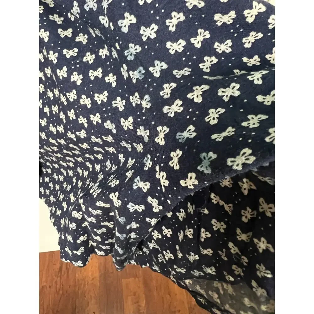 Vintage Bow Print Romper Dress Blue Rayon 90s Button‎ Front XS
